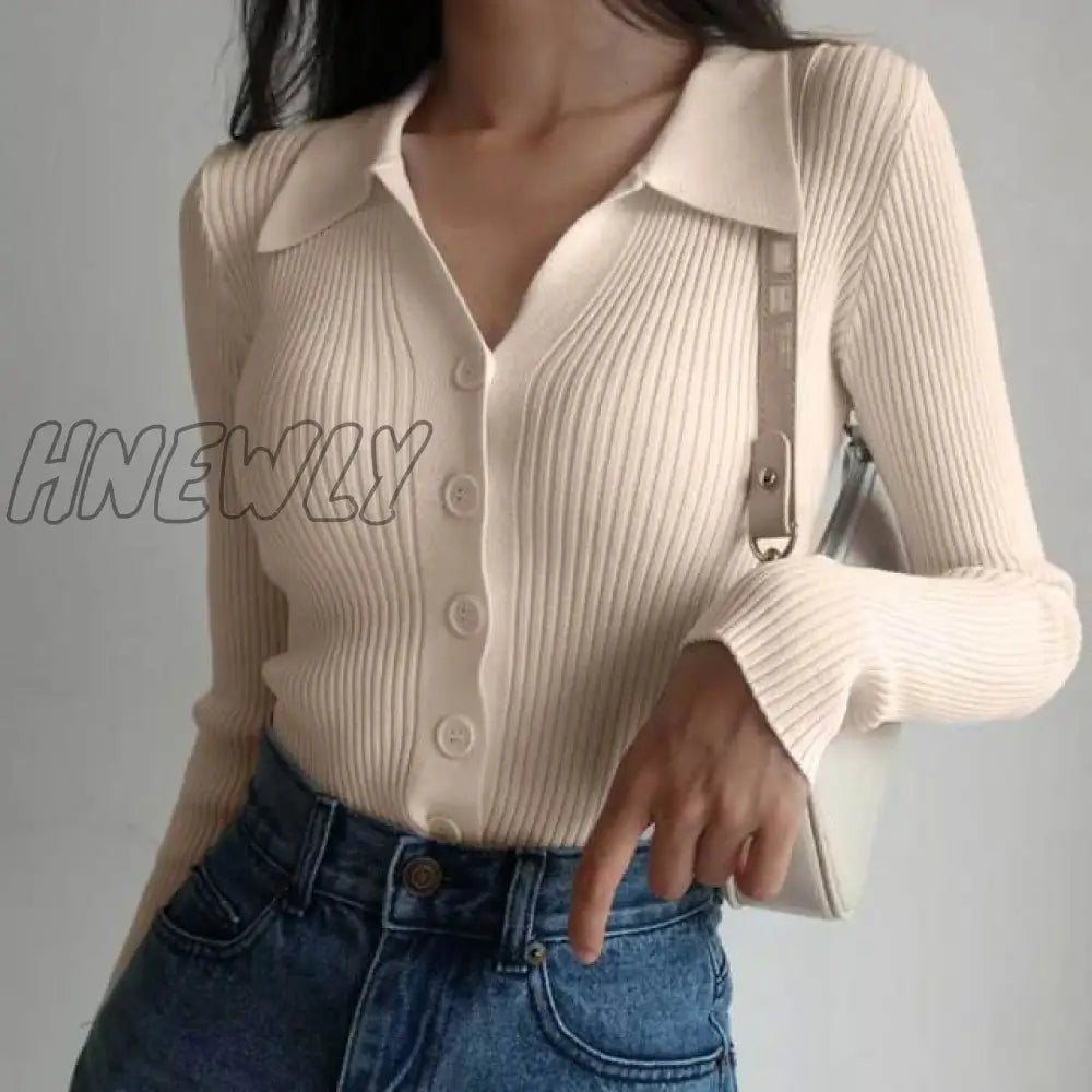 Hnewly Women New Lapel Slim Slimming Tops Ladies Hollow Buttons Sexy V Neck Long Sleeve Polo Knit