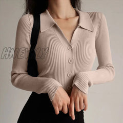 Hnewly Women New Lapel Slim Slimming Tops Ladies Hollow Buttons Sexy V Neck Long Sleeve Polo Knit