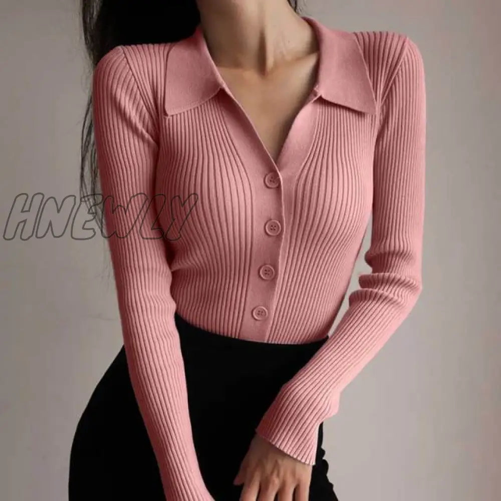 Hnewly Women New Lapel Slim Slimming Tops Ladies Hollow Buttons Sexy V Neck Long Sleeve Polo Knit