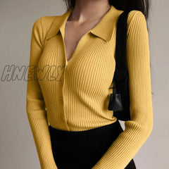 Hnewly Women New Lapel Slim Slimming Tops Ladies Hollow Buttons Sexy V Neck Long Sleeve Polo Knit