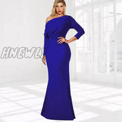 Hnewly Women Oblique Shoulder Slim Folds Long Dress Elegant Evening Party Floor Length Dresses