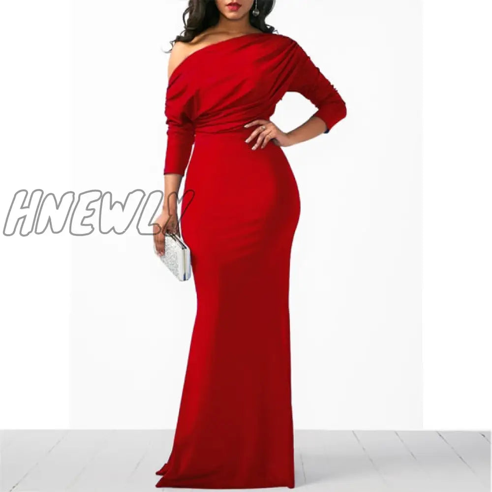 Hnewly Women Oblique Shoulder Slim Folds Long Dress Elegant Evening Party Floor Length Dresses