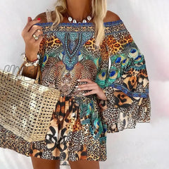 Hnewly Women Off Shoulder Elegant Mini Dress Female Sexy Cocktail Party Leopad Print Long Sleeve