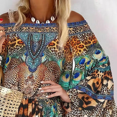 Hnewly Women Off Shoulder Elegant Mini Dress Female Sexy Cocktail Party Leopad Print Long Sleeve