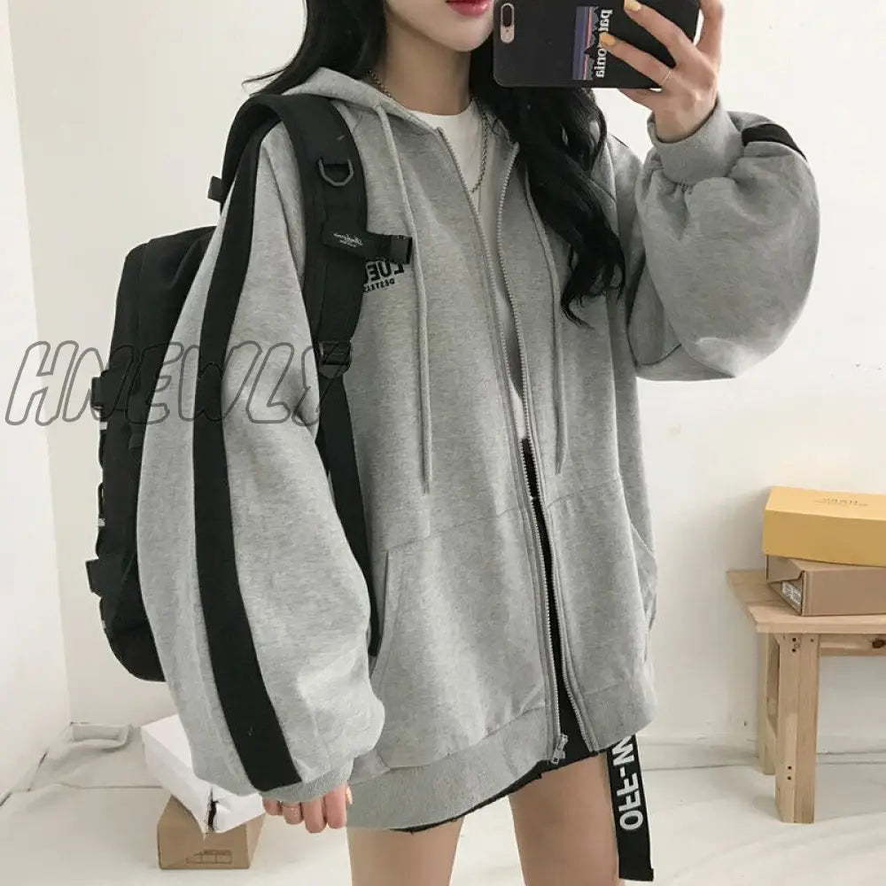 Hnewly Women Oversized Hoodies Autumn Casual Solid Zipper Sweatshirts Korean Version Loose Thin