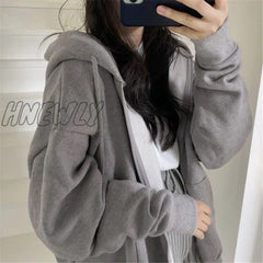 Hnewly Women Oversized Hoodies Autumn Casual Solid Zipper Sweatshirts Korean Version Loose Thin