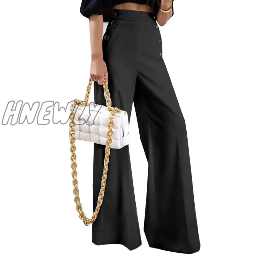 Hnewly Women Pants Office Ladies Wide Leg Casual Solid Color Button Up High Waist Trousers Palazzo