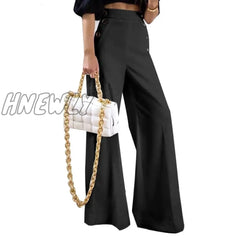 Hnewly Women Pants Office Ladies Wide Leg Casual Solid Color Button Up High Waist Trousers Palazzo