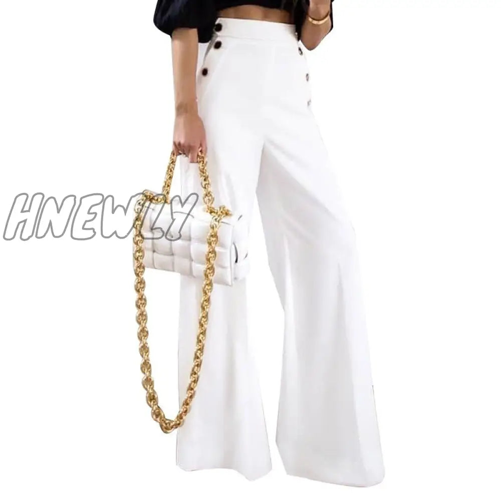 Hnewly Women Pants Office Ladies Wide Leg Casual Solid Color Button Up High Waist Trousers Palazzo