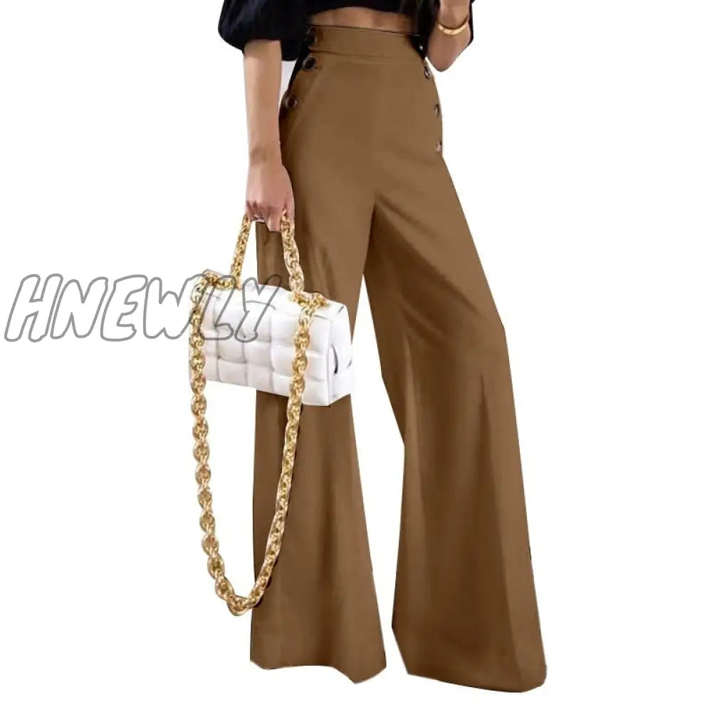 Hnewly Women Pants Office Ladies Wide Leg Casual Solid Color Button Up High Waist Trousers Palazzo