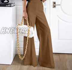 Hnewly Women Pants Office Ladies Wide Leg Casual Solid Color Button Up High Waist Trousers Palazzo