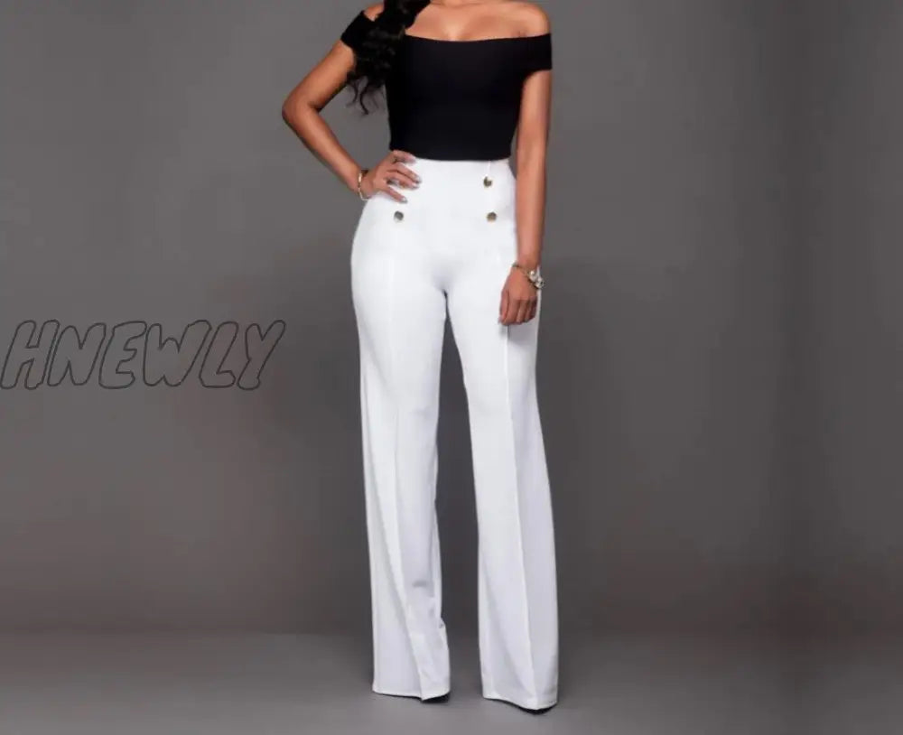 Hnewly Women Pants Office Ladies Wide Leg Casual Solid Color Button Up High Waist Trousers Palazzo