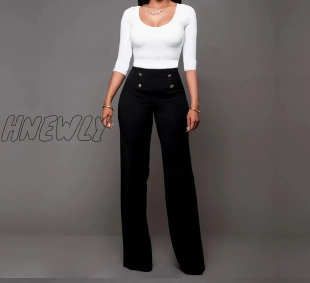 Hnewly Women Pants Office Ladies Wide Leg Casual Solid Color Button Up High Waist Trousers Palazzo