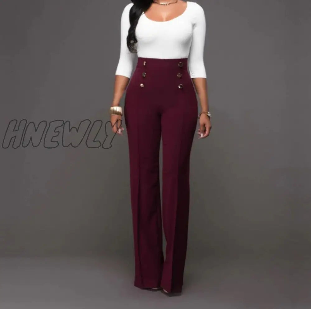 Hnewly Women Pants Office Ladies Wide Leg Casual Solid Color Button Up High Waist Trousers Palazzo