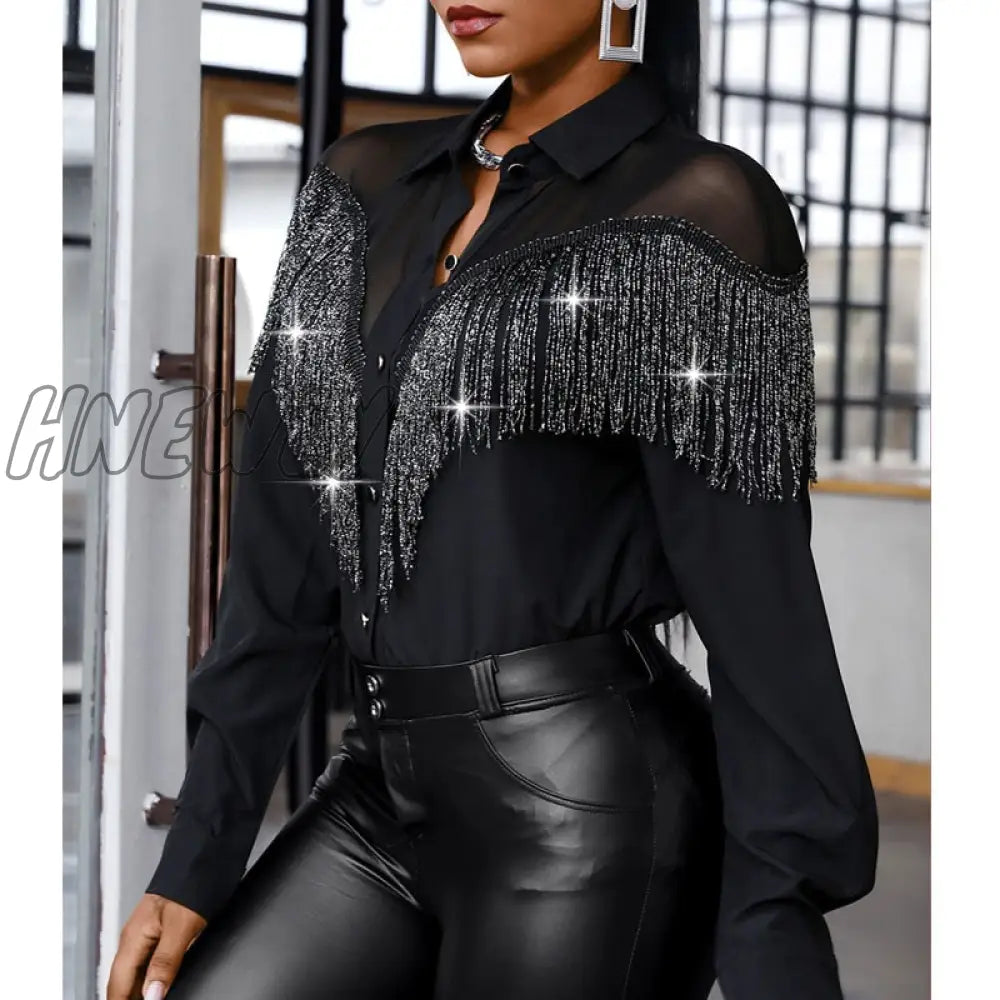 Hnewly Women Patchwork Lapel Button Shirts Fashion Long Sleeve Black Blouse Elegant Office Sequin