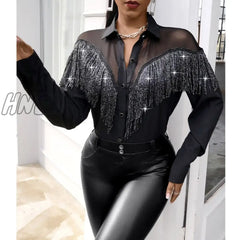 Hnewly Women Patchwork Lapel Button Shirts Fashion Long Sleeve Black Blouse Elegant Office Sequin