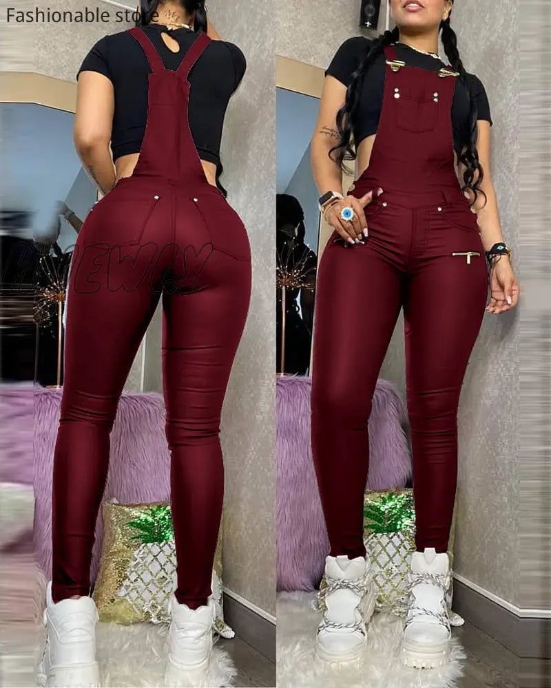 Hnewly Women Pu Buckled Zipper Design Suspender Jumpsuit Thick Strap Pocket Pockets Romper Outfits