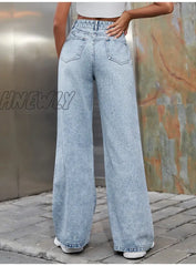 Hnewly Women Ripped Boyfriends Jeans High Waist Baggy Denim Pants Wide Leg Straight Trousers Y2K