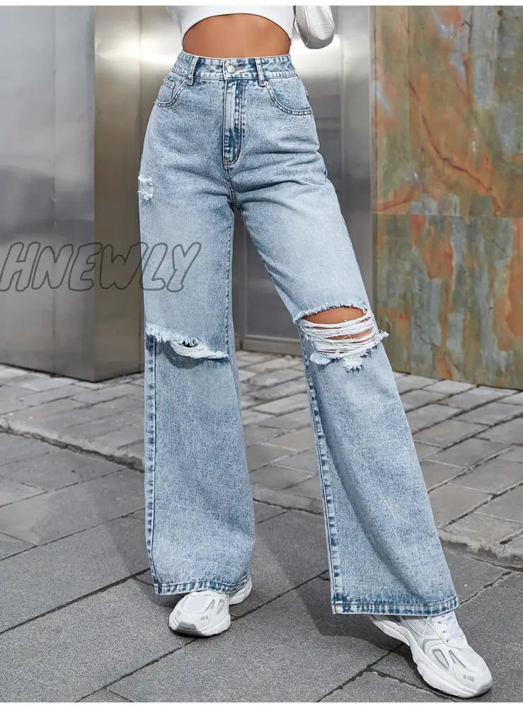 Hnewly Women Ripped Boyfriends Jeans High Waist Baggy Denim Pants Wide Leg Straight Trousers Y2K