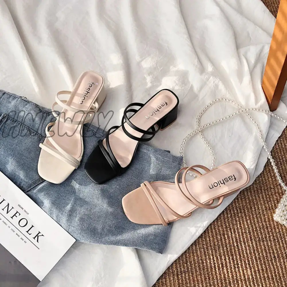 Hnewly Women Sandals Ladies Square Heels Elegant Summer Slippers Outside Cross Tied Leather Female