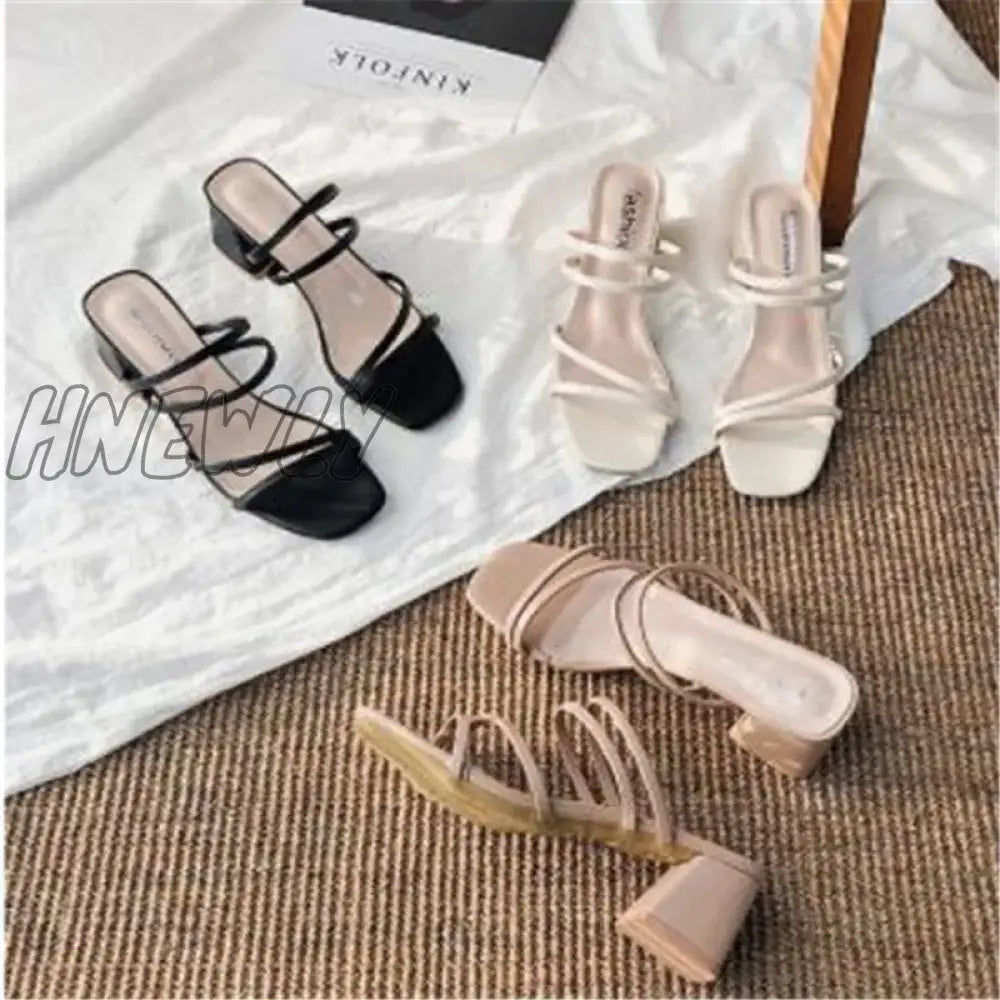 Hnewly Women Sandals Ladies Square Heels Elegant Summer Slippers Outside Cross Tied Leather Female