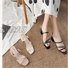 Hnewly Women Sandals Ladies Square Heels Elegant Summer Slippers Outside Cross Tied Leather Female