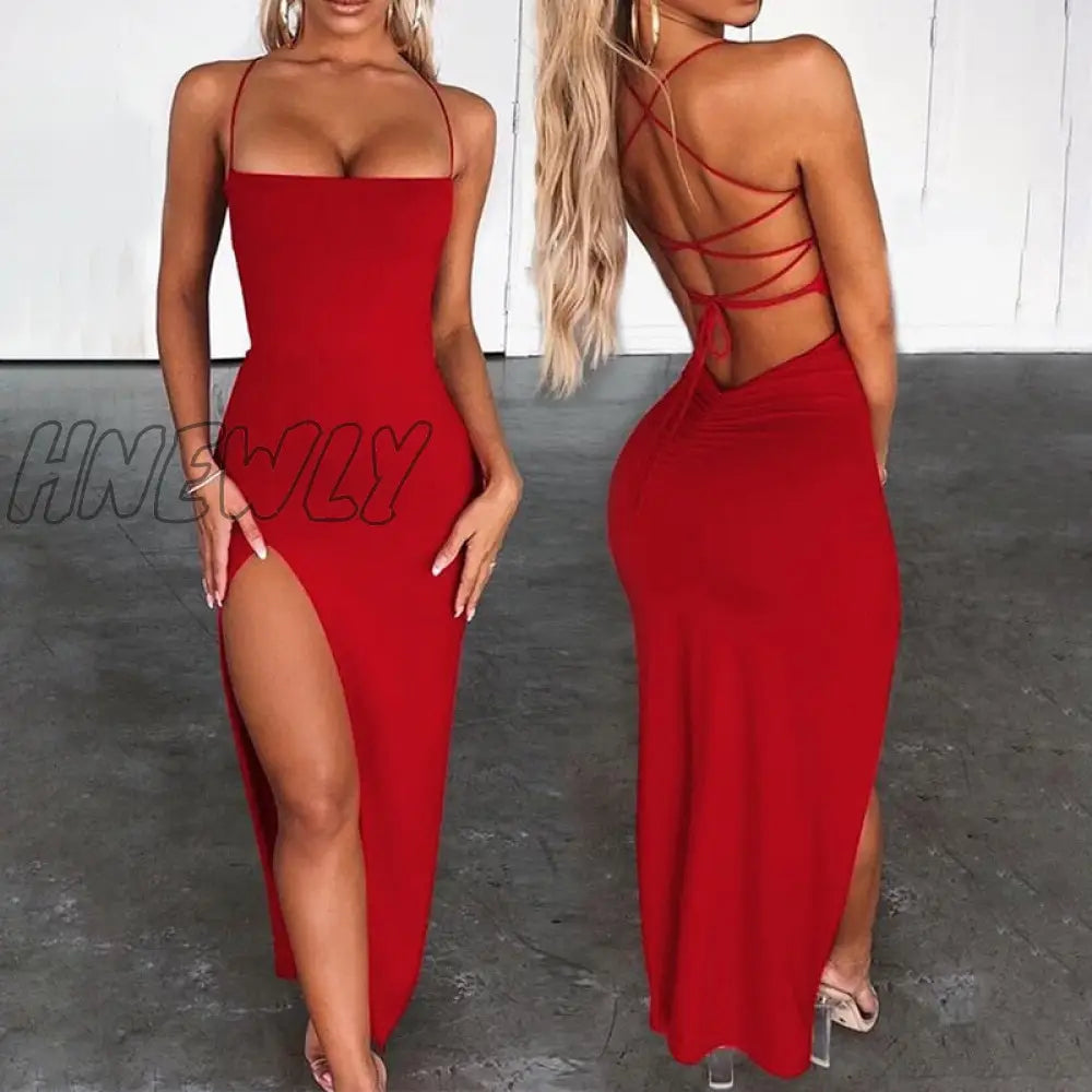 Hnewly Women Sexy Backless High Split Maxi Party Dress Solid Color Spaghetti Strap Bandage Slit