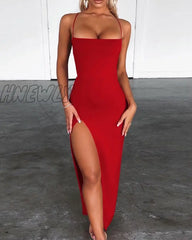 Hnewly Women Sexy Backless High Split Maxi Party Dress Solid Color Spaghetti Strap Bandage Slit