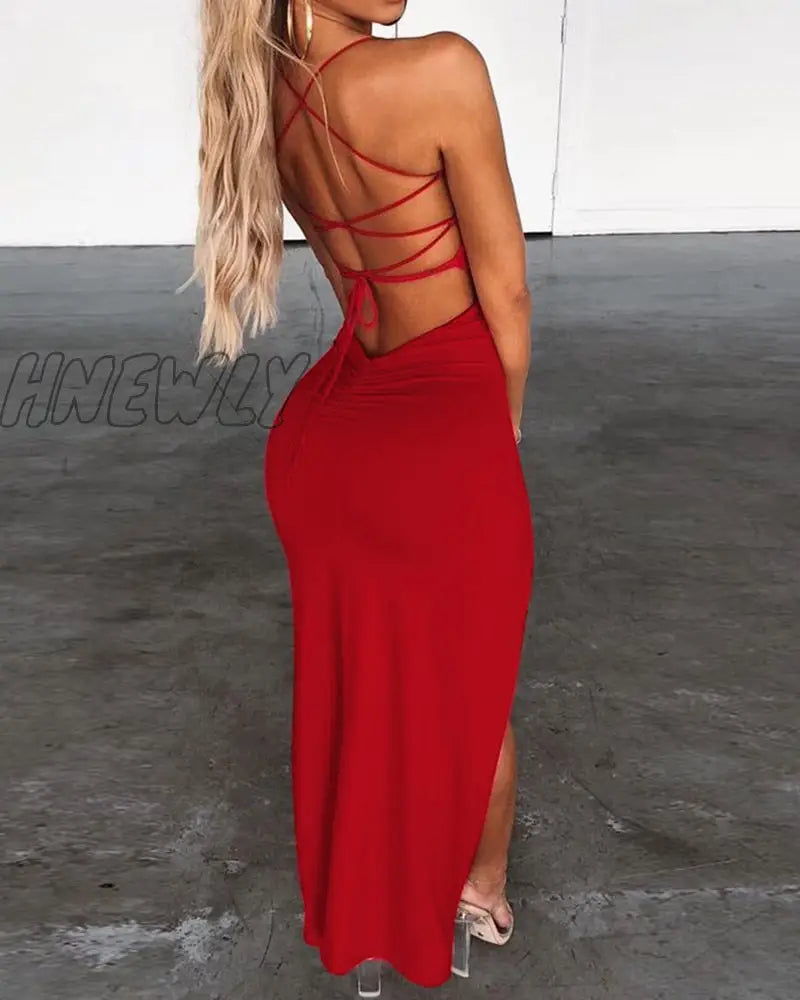 Hnewly Women Sexy Backless High Split Maxi Party Dress Solid Color Spaghetti Strap Bandage Slit