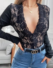 Hnewly Women Sexy Black Lace Base Shirt Plunge Long Sleeve Top Spring Outfits Trends Going Out