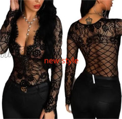 Hnewly Women Sexy Black Lace Base Shirt Plunge Long Sleeve Top Spring Outfits Trends Going Out