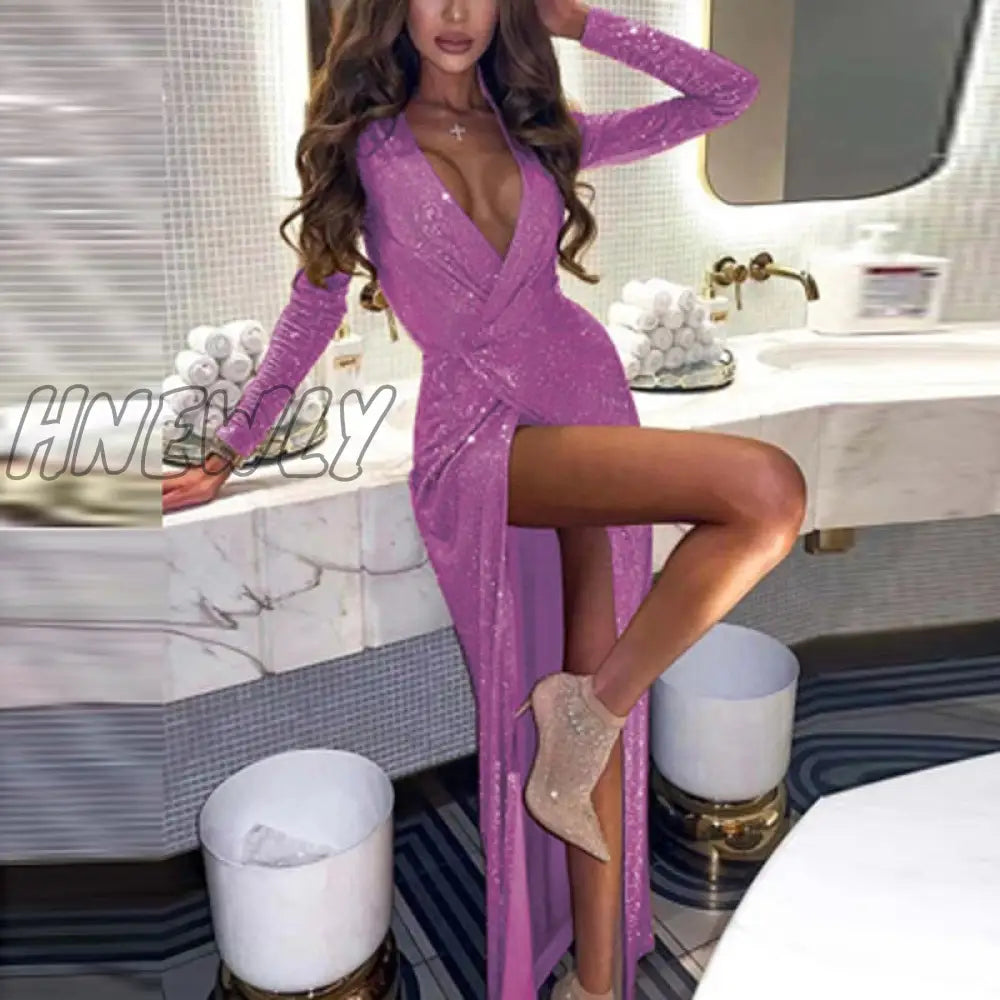 Hnewly Women Sexy Deep V Neck Sequin High Slit Dress Spring Hollow Out Shiny Draped Club Party