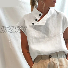 Hnewly Women Short Sleeve Blusas Summer Cotton Linen Shirts Fashion Oversized Blouses Casual Loose