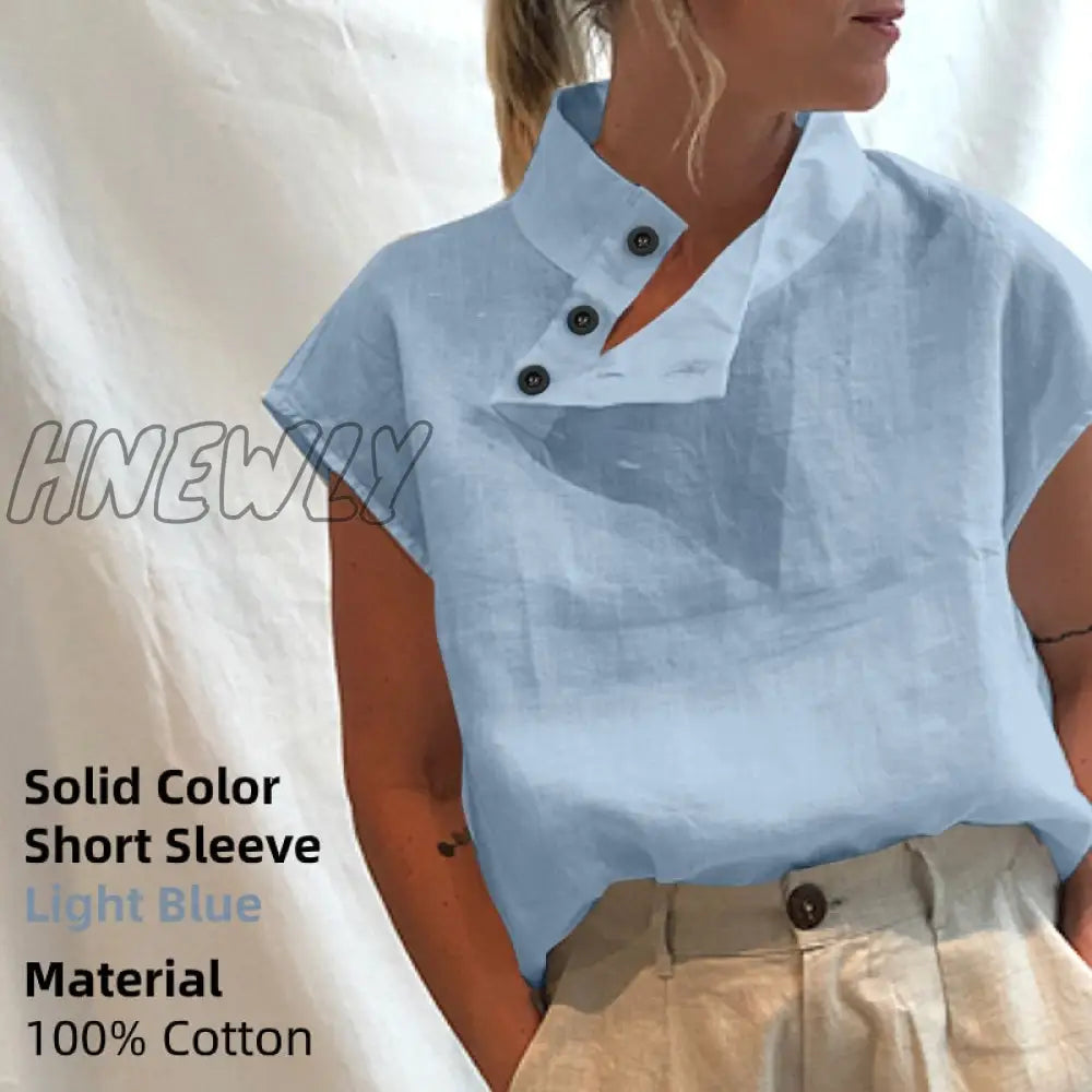 Hnewly Women Short Sleeve Blusas Summer Cotton Linen Shirts Fashion Oversized Blouses Casual Loose