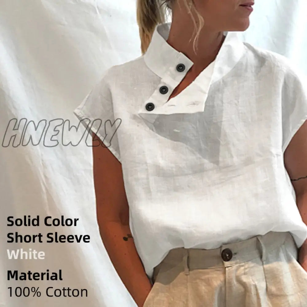 Hnewly Women Short Sleeve Blusas Summer Cotton Linen Shirts Fashion Oversized Blouses Casual Loose