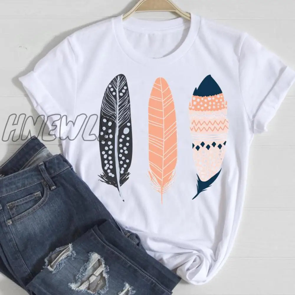 Hnewly Women Short Sleeve Feather 90S Style Fashion Cartoon Summer Graphic T Top Lady Print Tee