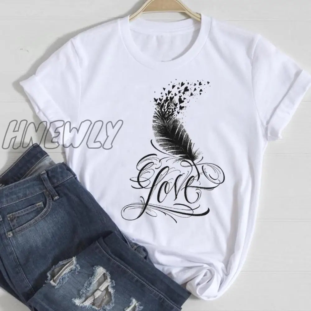 Hnewly Women Short Sleeve Feather 90S Style Fashion Cartoon Summer Graphic T Top Lady Print Tee