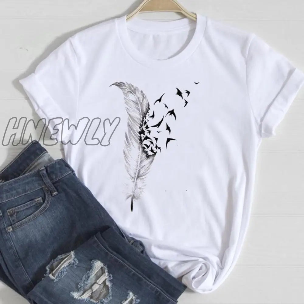 Hnewly Women Short Sleeve Feather 90S Style Fashion Cartoon Summer Graphic T Top Lady Print Tee