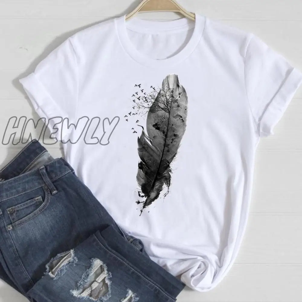 Hnewly Women Short Sleeve Feather 90S Style Fashion Cartoon Summer Graphic T Top Lady Print Tee