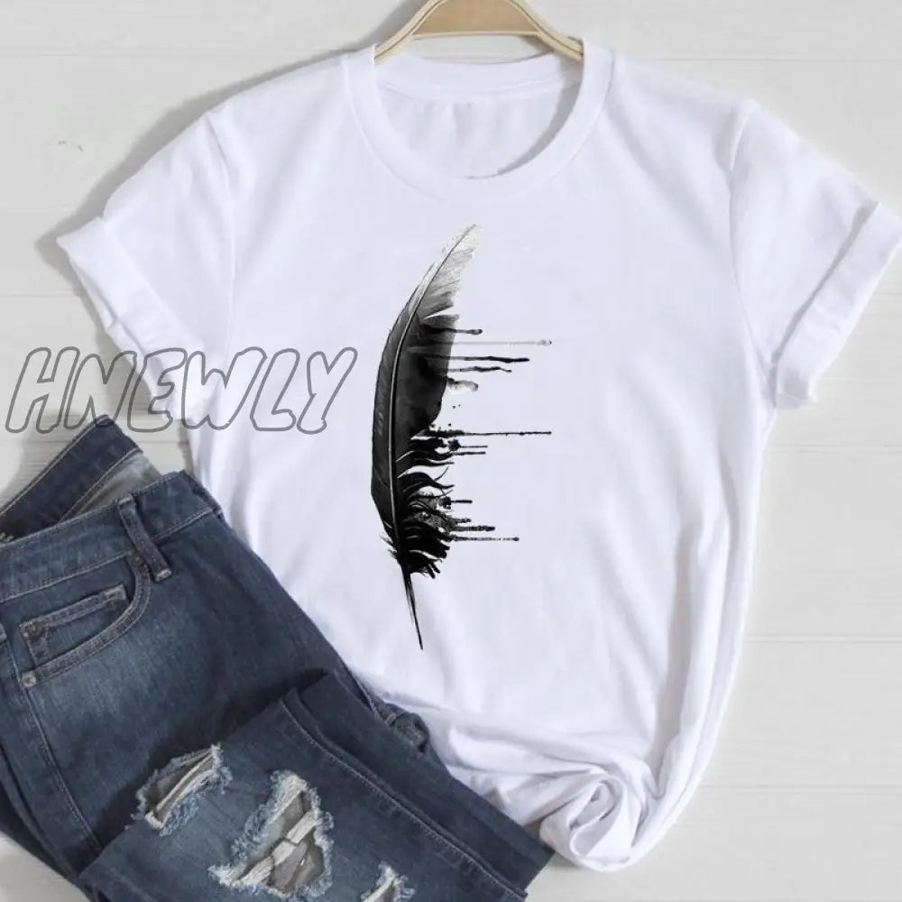 Hnewly Women Short Sleeve Feather 90S Style Fashion Cartoon Summer Graphic T Top Lady Print Tee