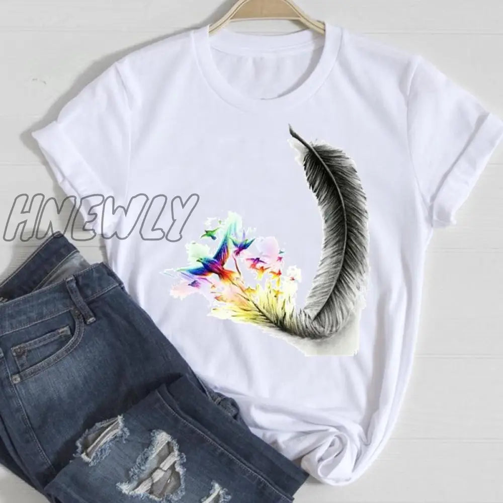 Hnewly Women Short Sleeve Feather 90S Style Fashion Cartoon Summer Graphic T Top Lady Print Tee