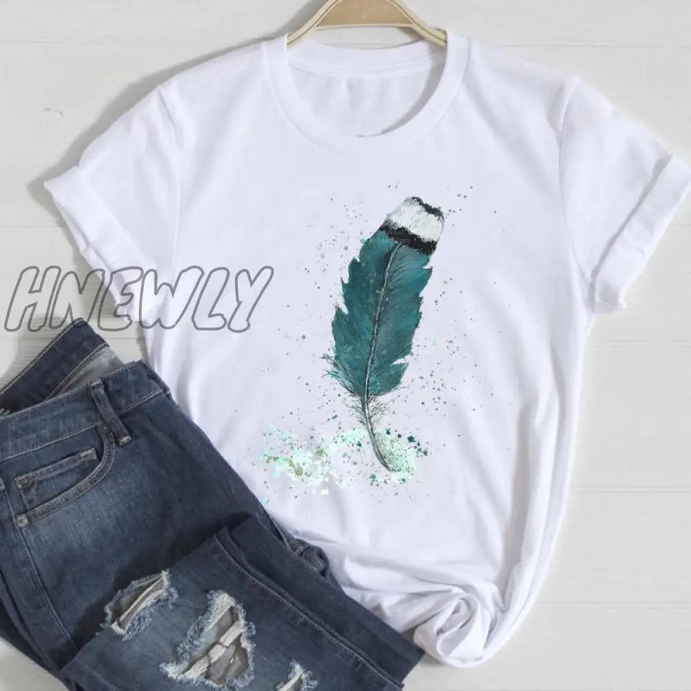 Hnewly Women Short Sleeve Feather 90S Style Fashion Cartoon Summer Graphic T Top Lady Print Tee