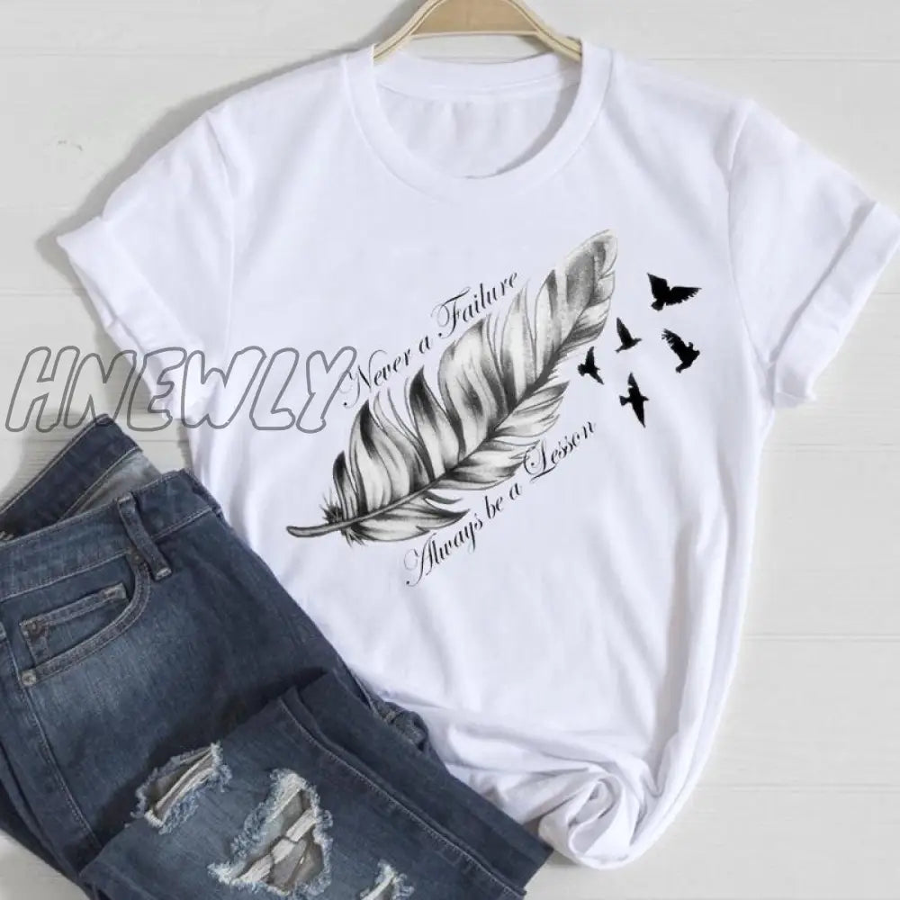 Hnewly Women Short Sleeve Feather 90S Style Fashion Cartoon Summer Graphic T Top Lady Print Tee