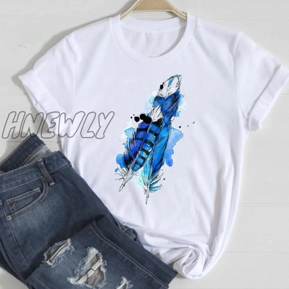 Hnewly Women Short Sleeve Feather 90S Style Fashion Cartoon Summer Graphic T Top Lady Print Tee