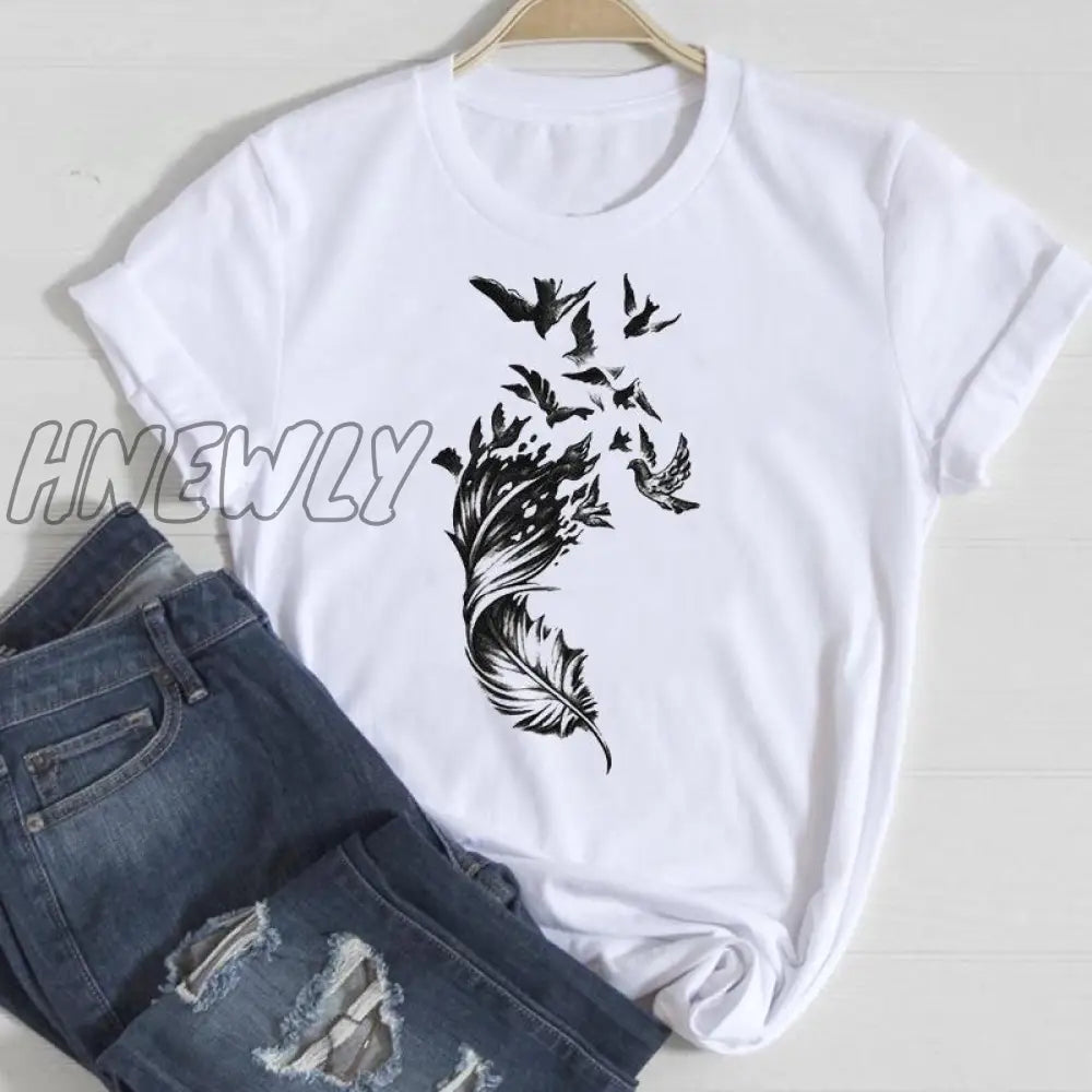 Hnewly Women Short Sleeve Feather 90S Style Fashion Cartoon Summer Graphic T Top Lady Print Tee