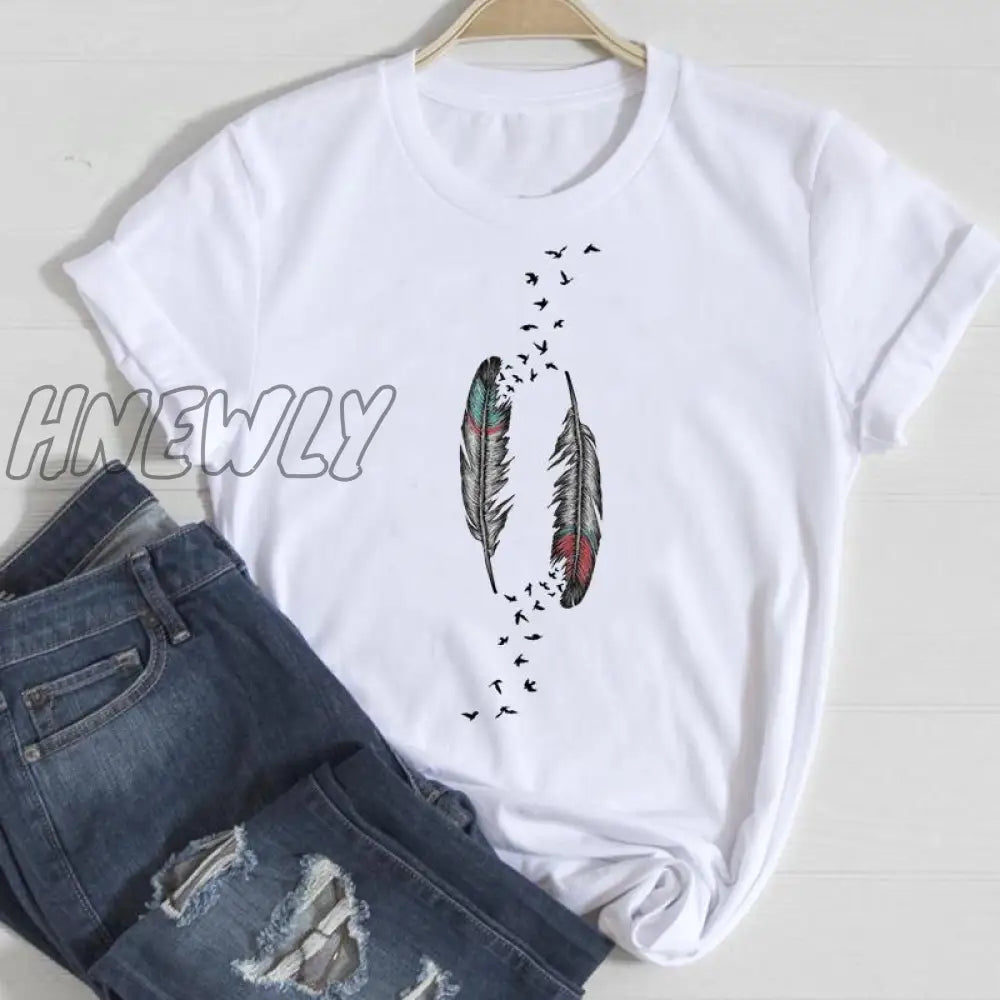 Hnewly Women Short Sleeve Feather 90S Style Fashion Cartoon Summer Graphic T Top Lady Print Tee