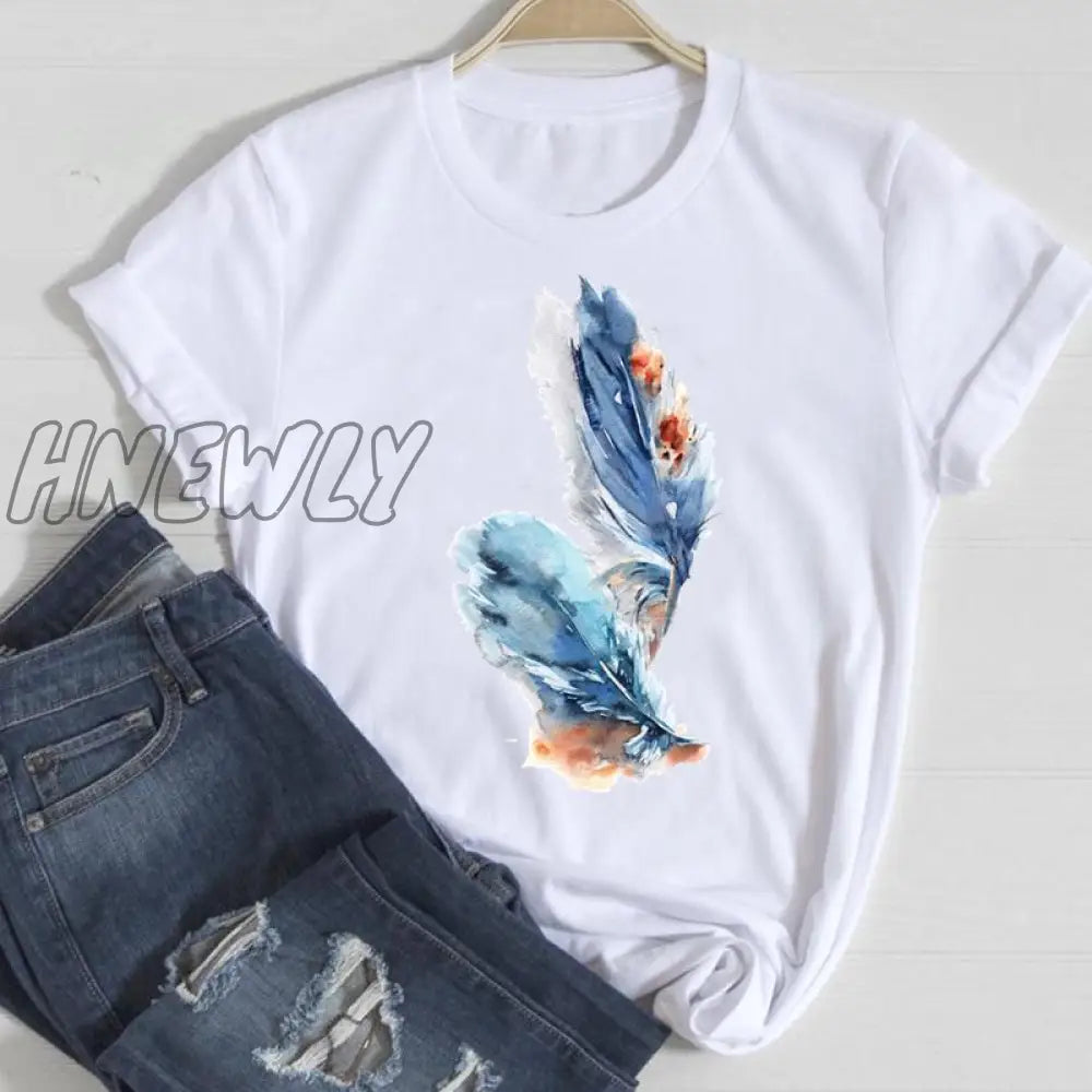 Hnewly Women Short Sleeve Feather 90S Style Fashion Cartoon Summer Graphic T Top Lady Print Tee