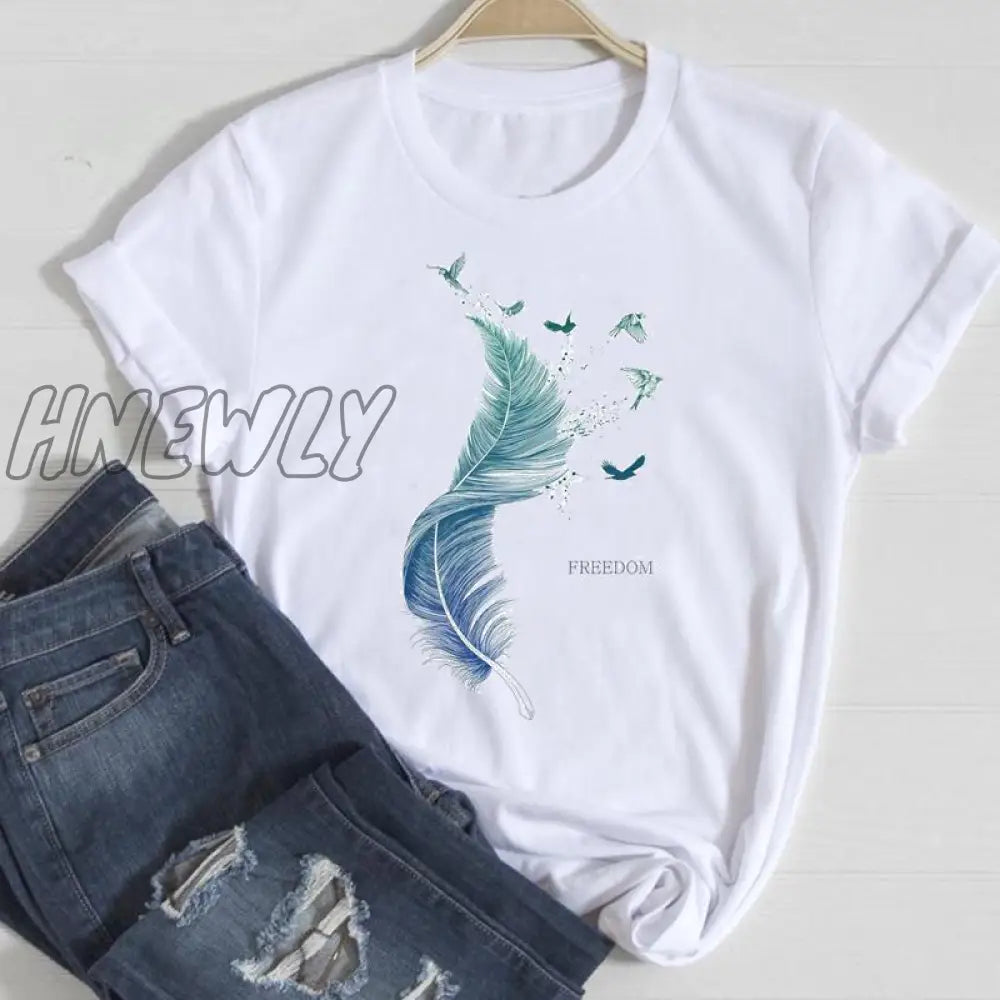 Hnewly Women Short Sleeve Feather 90S Style Fashion Cartoon Summer Graphic T Top Lady Print Tee