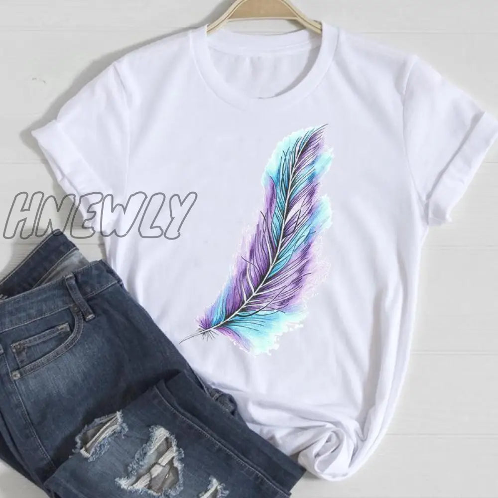 Hnewly Women Short Sleeve Feather 90S Style Fashion Cartoon Summer Graphic T Top Lady Print Tee