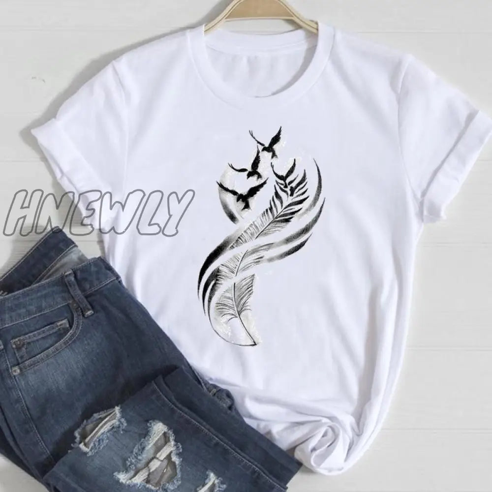 Hnewly Women Short Sleeve Feather 90S Style Fashion Cartoon Summer Graphic T Top Lady Print Tee